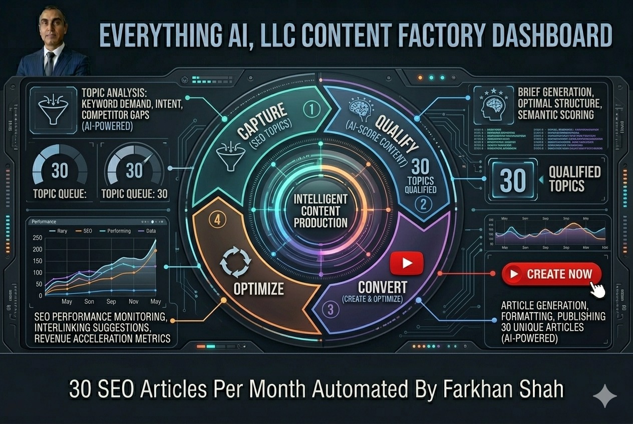 AI content factory dashboard showing 30 automated SEO articles published per month — Everything AI LLC's content automation system built by Farkhan Shah for high-growth technology companies