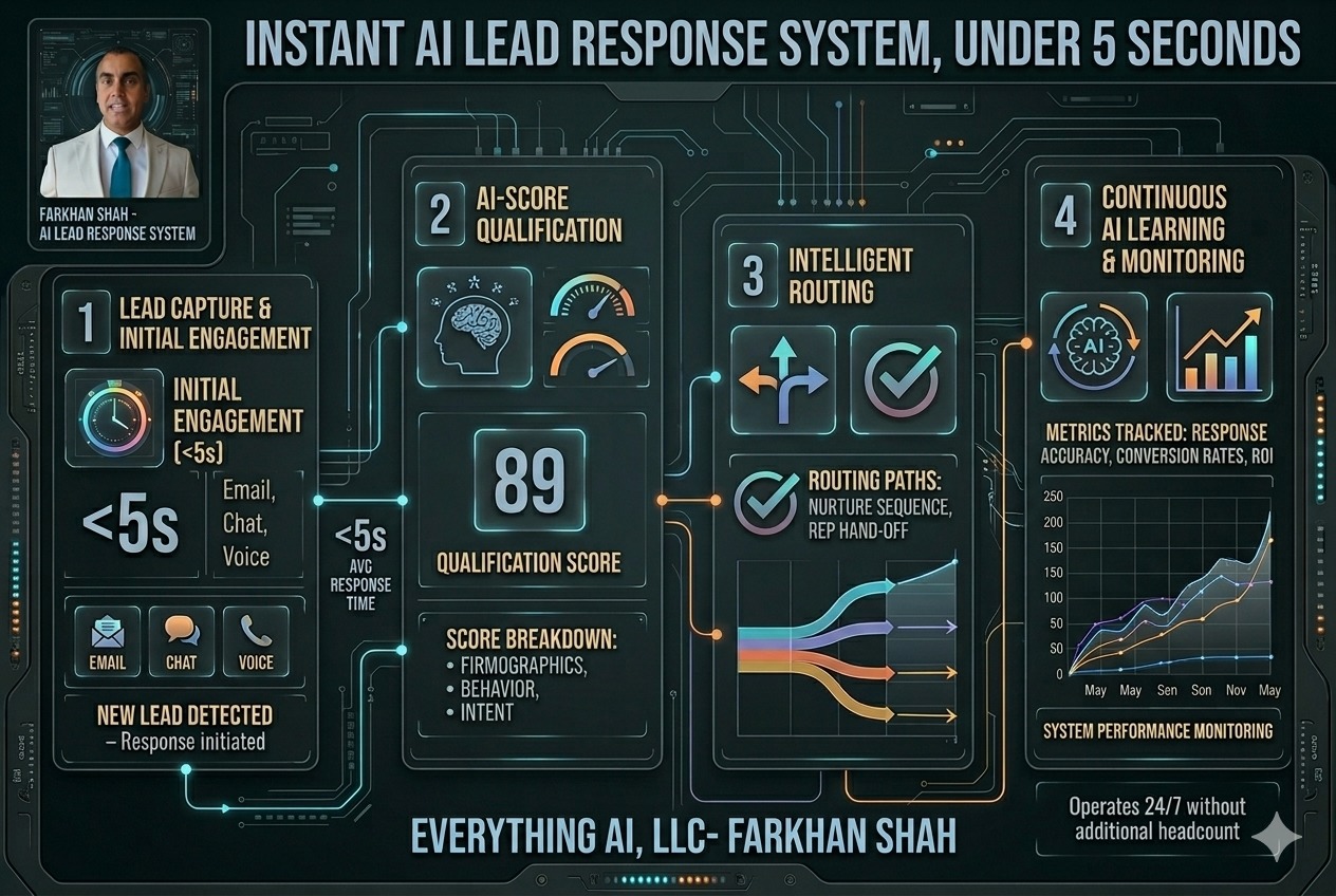 AI lead engagement dashboard showing response time under 5 seconds and lead qualification score — Everything AI LLC automated lead pipeline system designed by Farkhan Shah for B2B technology companies