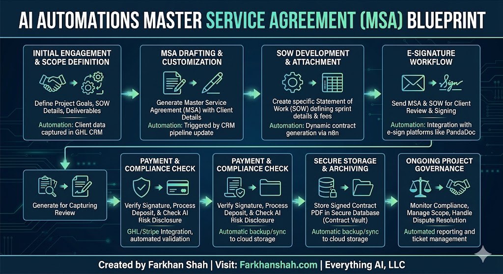 AI automation workflow diagram — MSA Framework by Farkhan Shah: Capture → Qualify → Convert → Optimize; 4-step lead generation, prospect qualification, and revenue acceleration for CTOs and Founders — Everything AI LLC