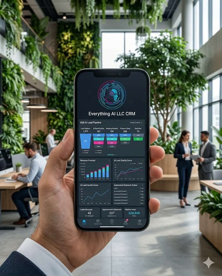 GoHighLevel CRM mobile dashboard showing automated AI lead pipeline management — Everything AI LLC's client-facing automation system built by Farkhan Shah for B2B technology companies